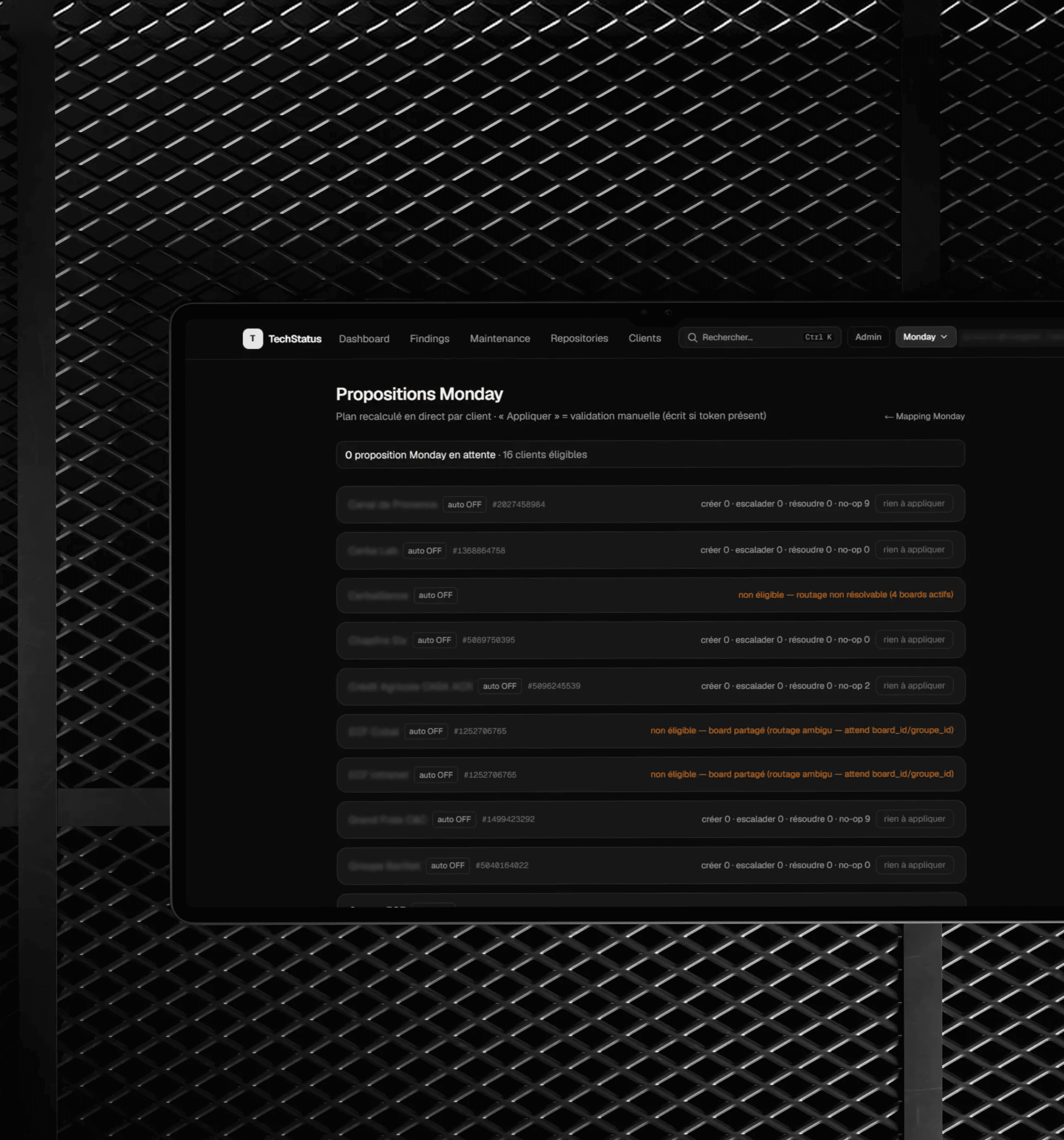 Écran de la plateforme TechStatus, premier visuel de la fiche