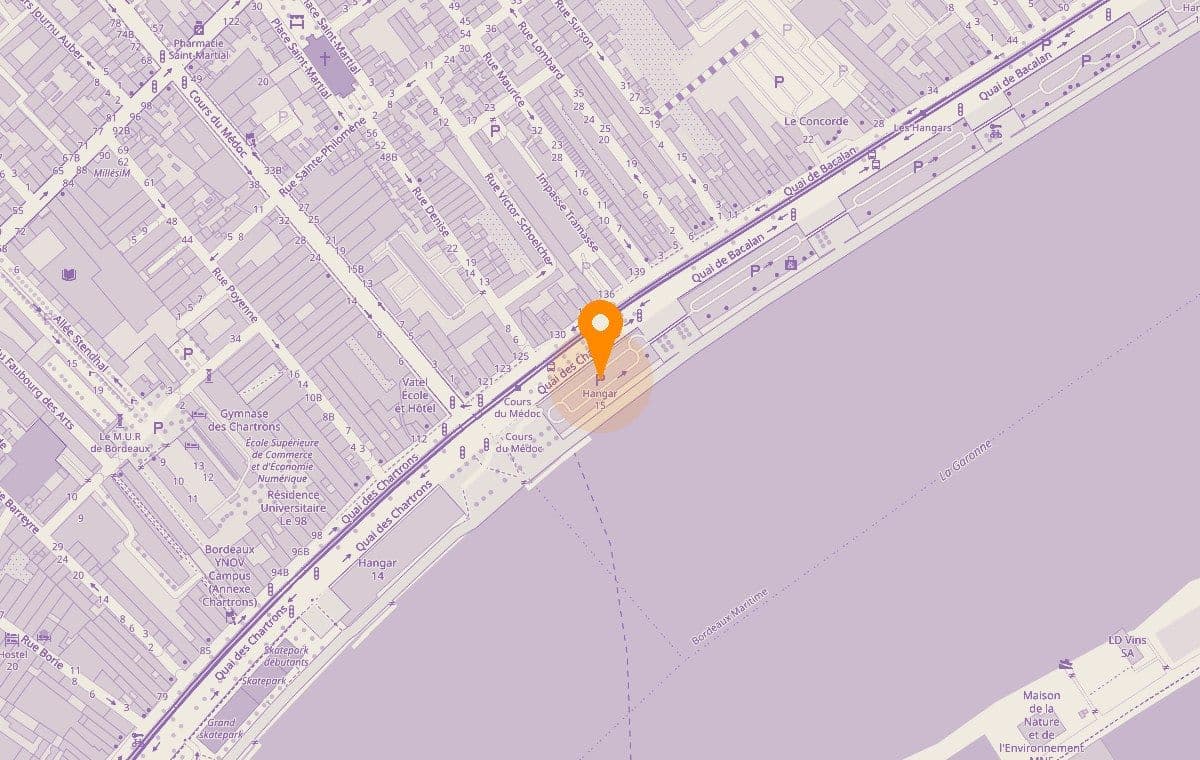 Plan des Chartrons à Bordeaux, avec un repère posé sur le hangar 15, quai des Chartrons