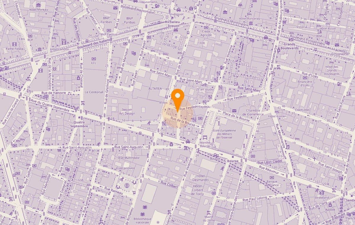Plan du quartier de la Bourse à Paris, avec un repère posé sur le 9 rue des Colonnes